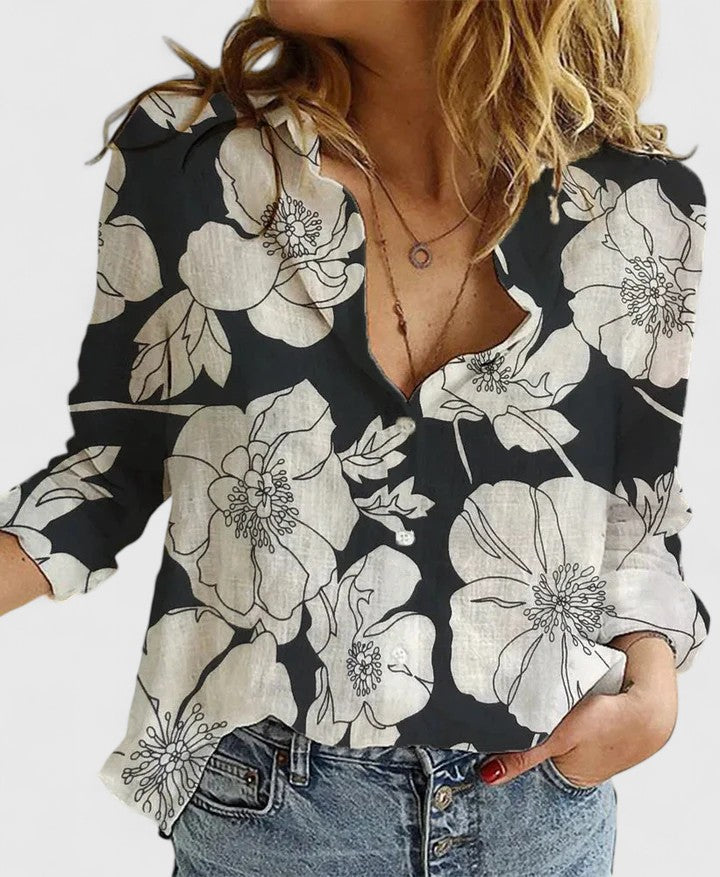 Womens Linen V-Neck Blouse with Buttons