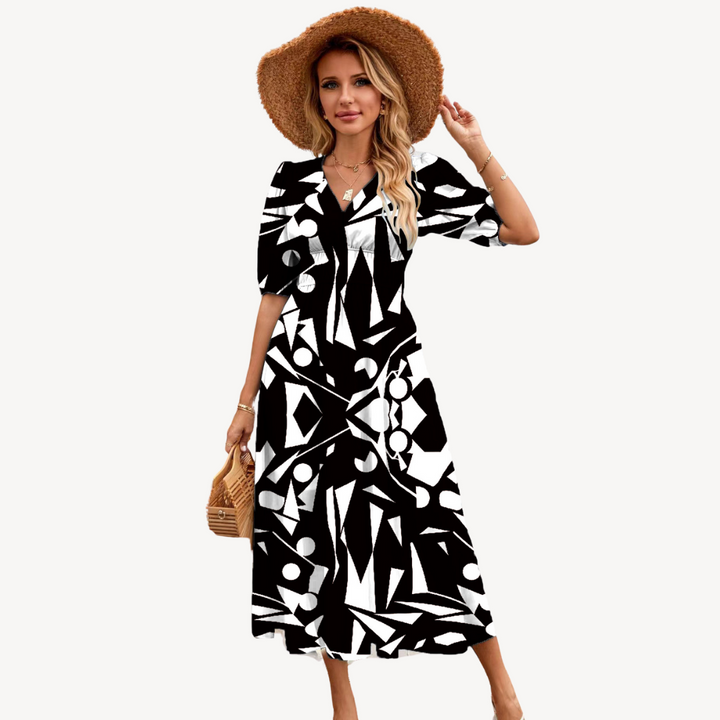Womens Midi Dress with V-Neck and Floral Print