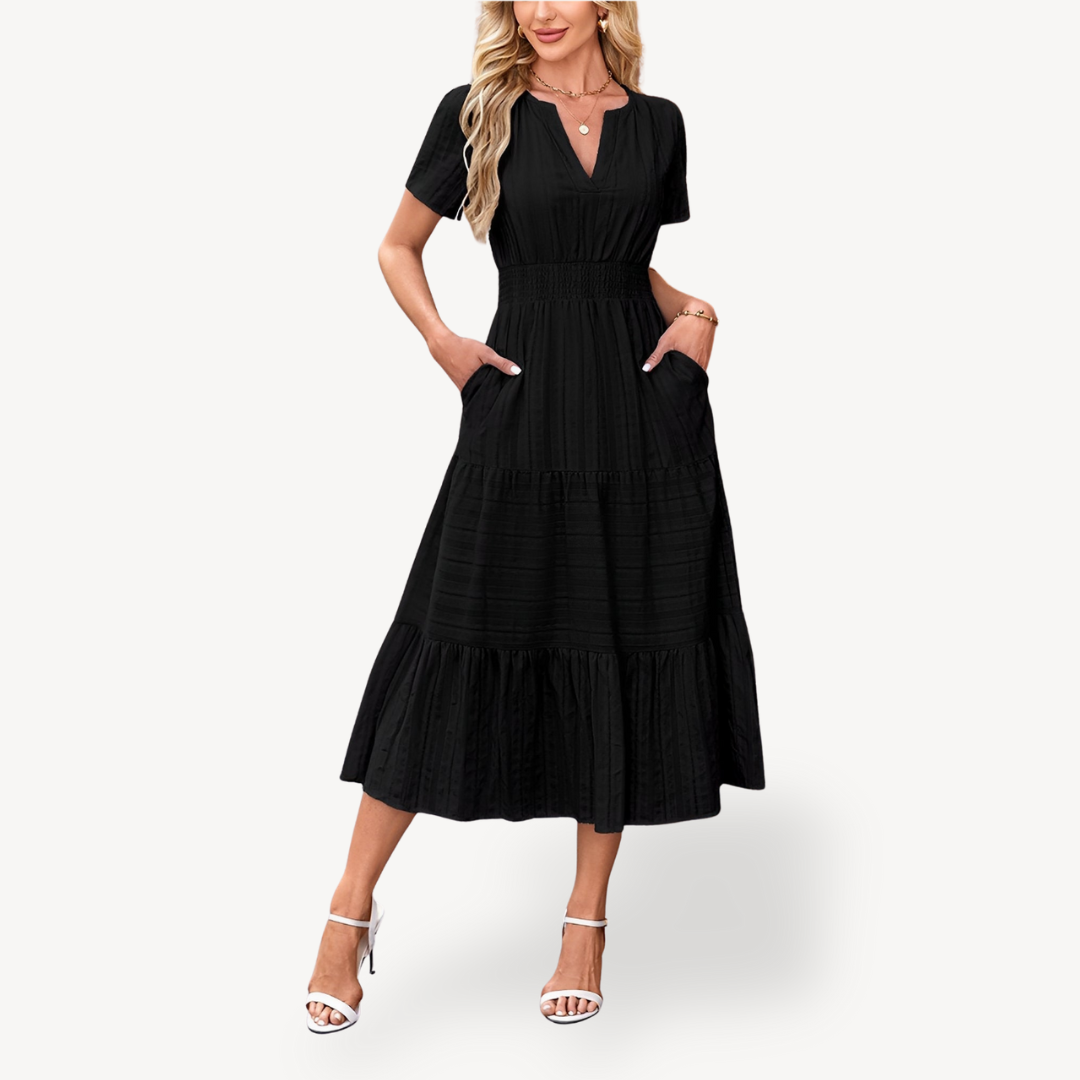 Womens Tiered Midi Dress Relaxed Fit - BritishMode