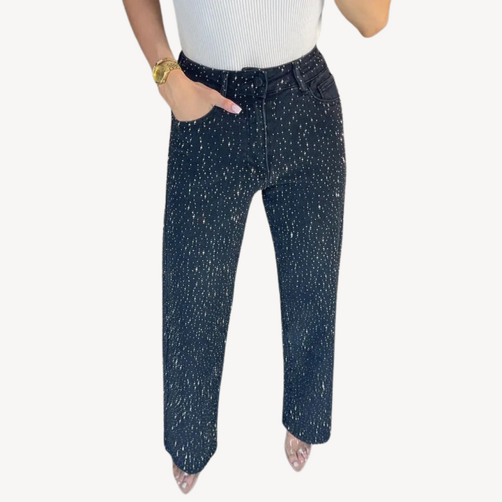 Womens High-Waisted Jeans with Rhinestone Studs Slim Fit - BritishMode