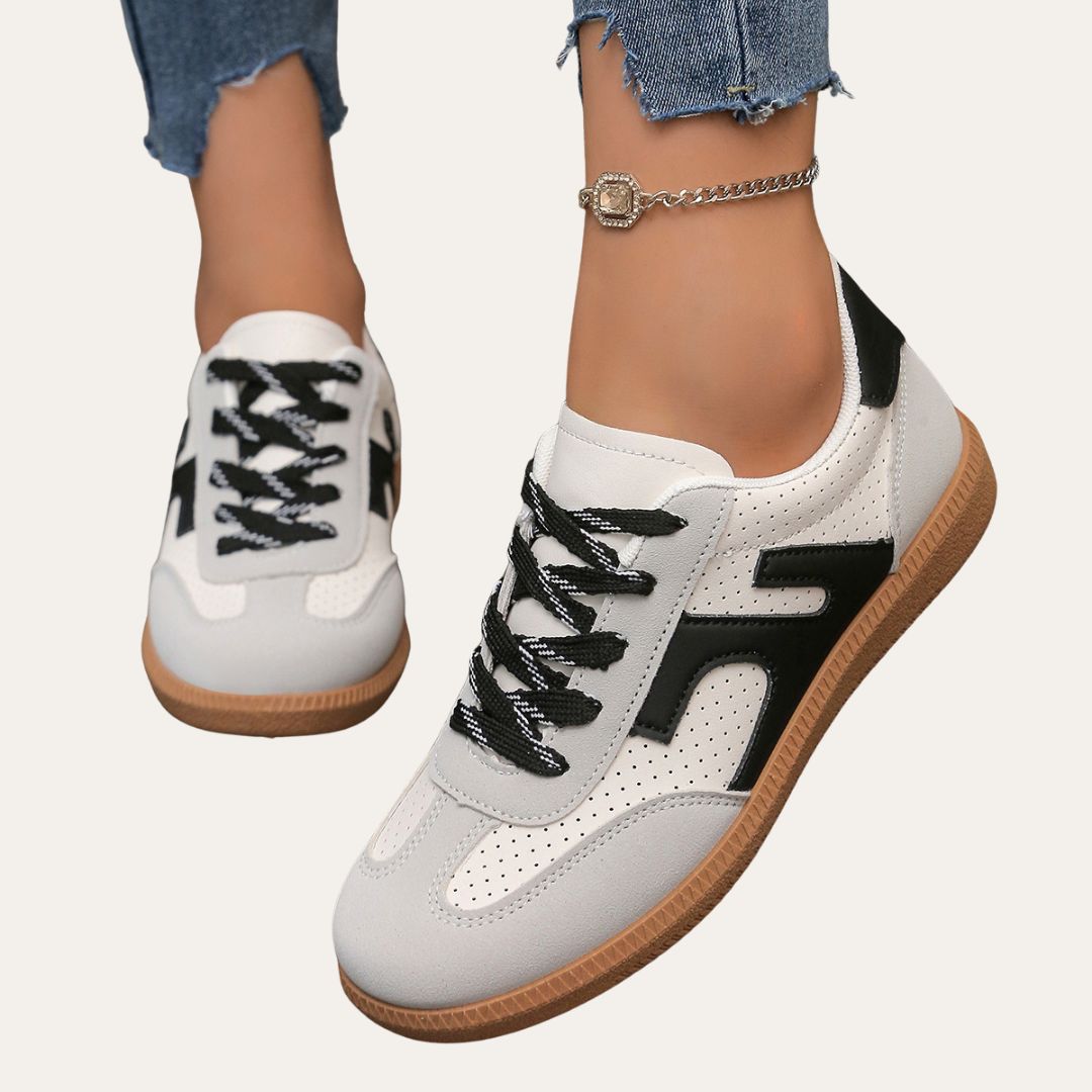 Womens Flatform Sneakers Perforated Lace-Up Contrast Panel - BritishMode