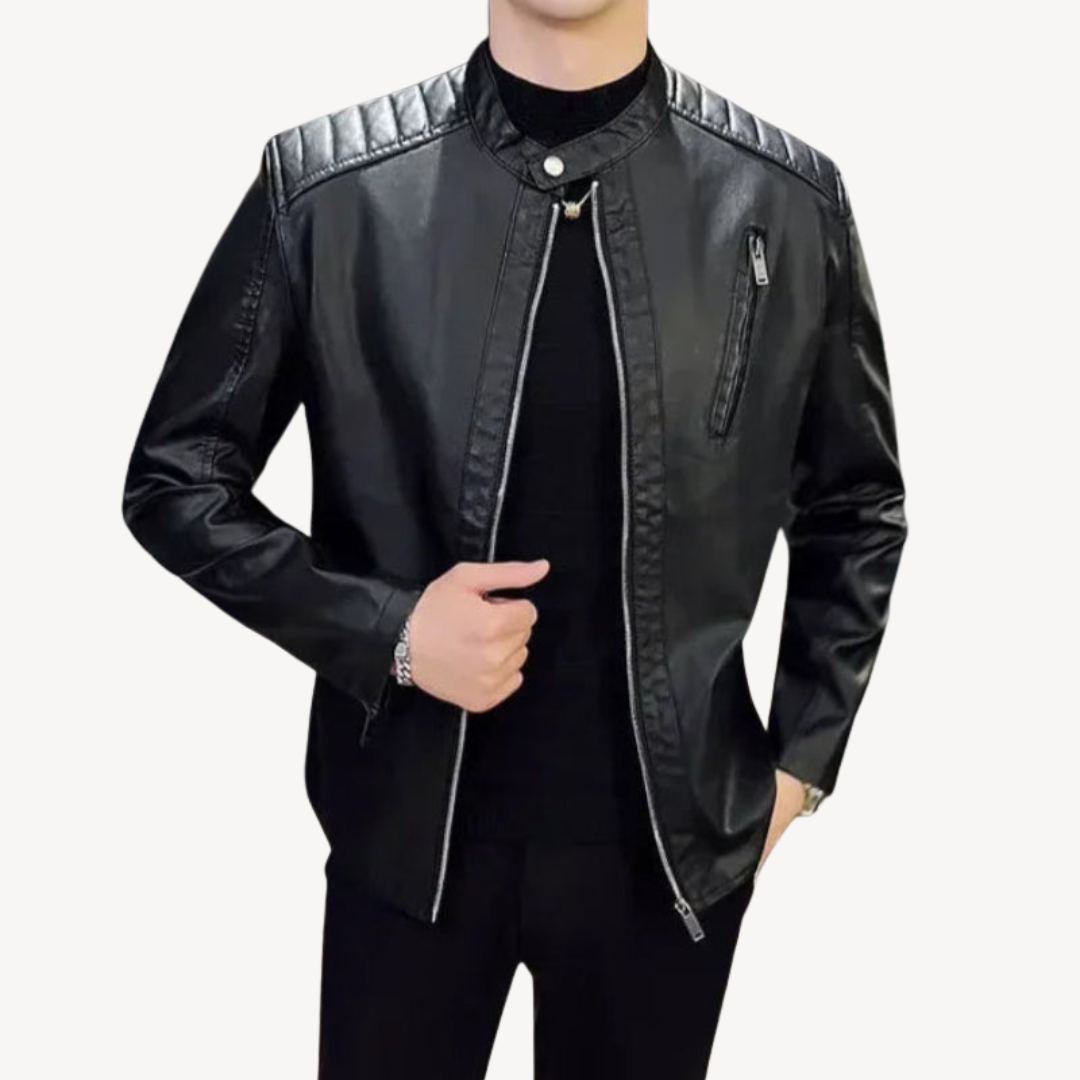 Mens Leather Biker Jacket Zip-Up Casual Fit