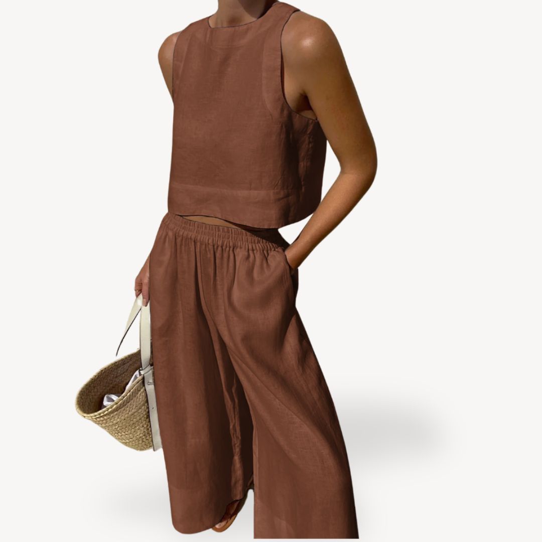 Womens Linen Sleeveless Tank Top and Wide Leg Pants Set