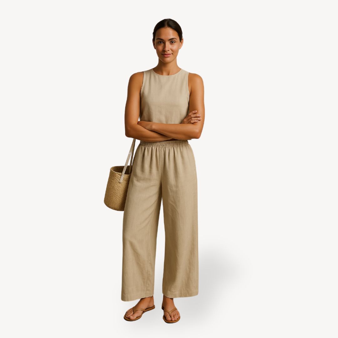 Womens Linen Sleeveless Tank Top and Wide Leg Pants Set - BritishMode