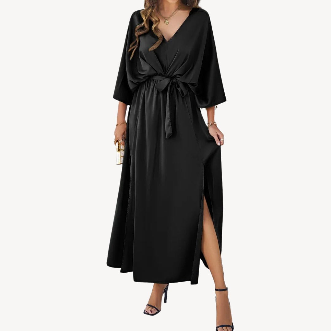 Womens Maxi Dress with V-Neck and Belted Waist