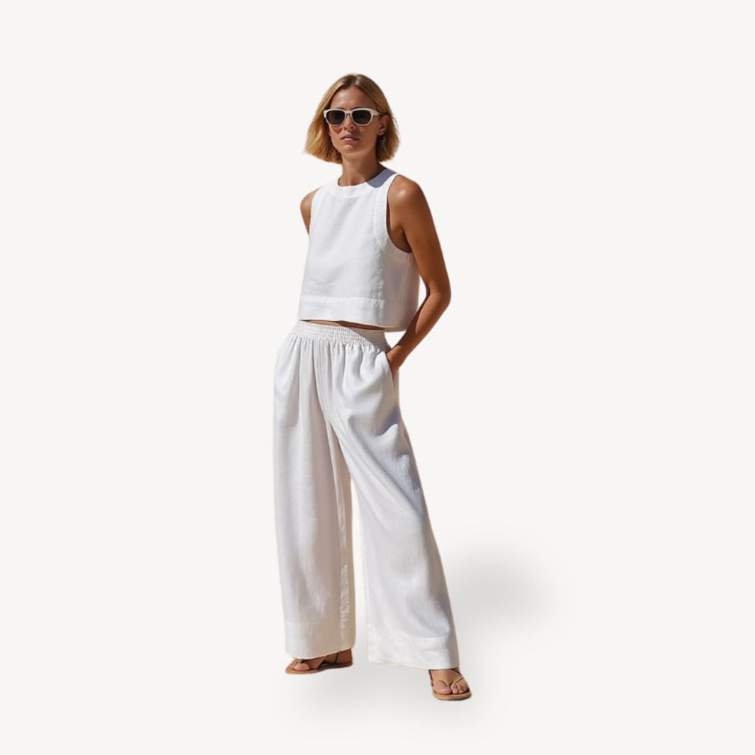 Womens Linen Sleeveless Tank Top and Wide Leg Pants Set