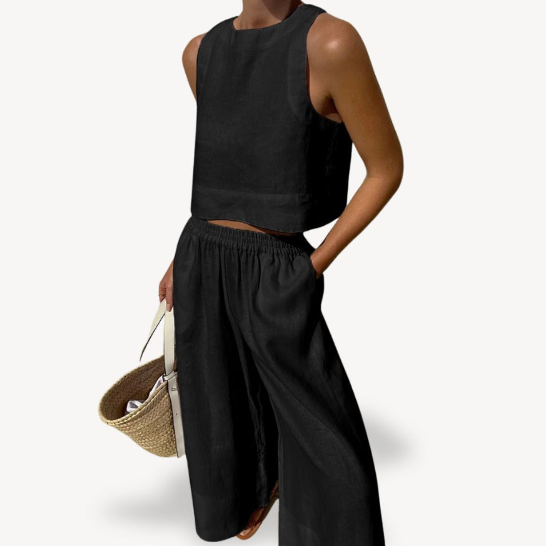 Womens Linen Sleeveless Tank Top and Wide Leg Pants Set