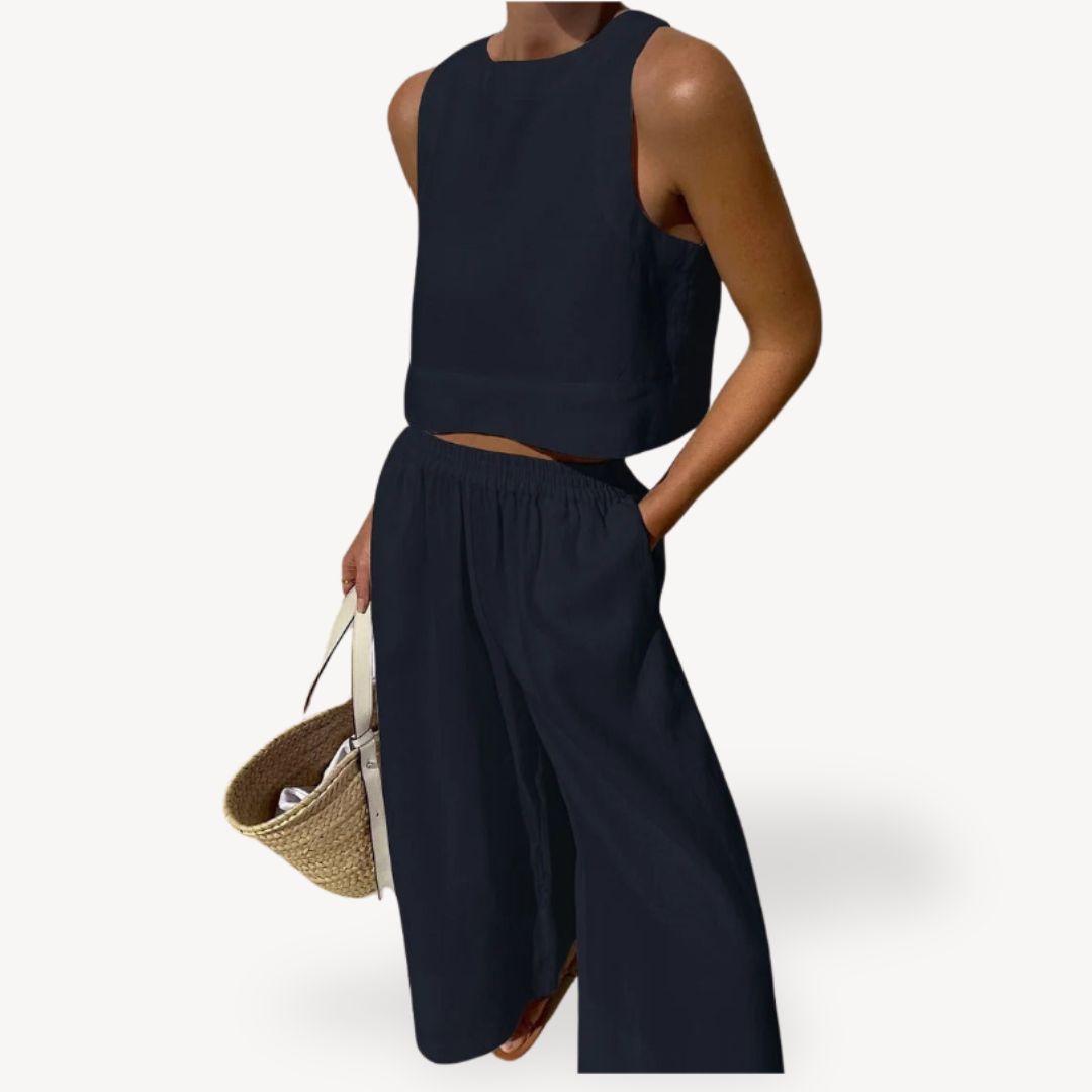 Womens Linen Sleeveless Tank Top and Wide Leg Pants Set