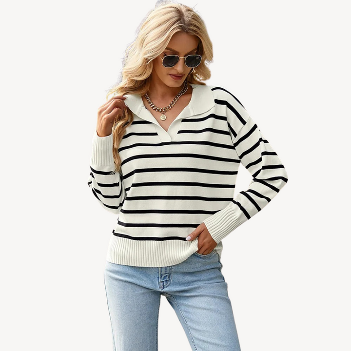 Womens Polo Knit Sweater Striped Pattern Regular Fit