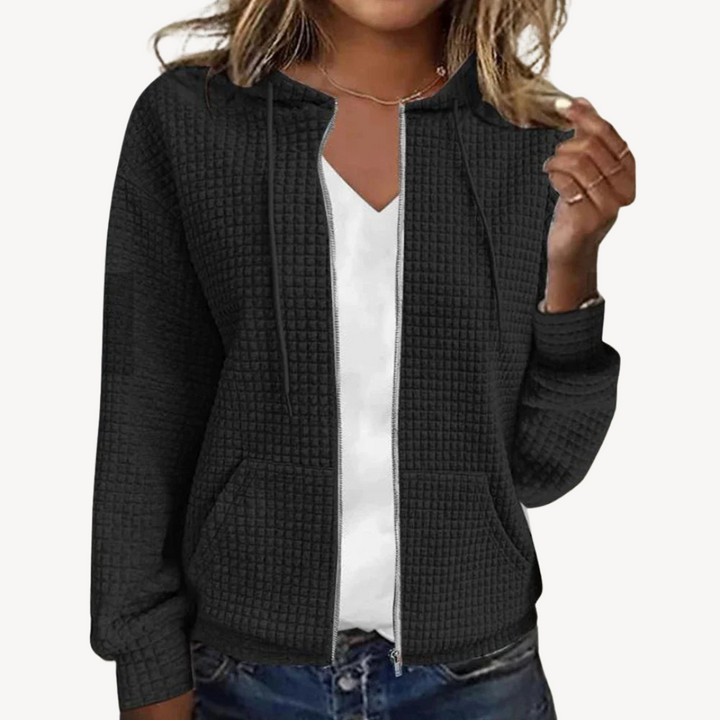 Womens Hoodie Waffle Knit Zipper Front - BritishMode