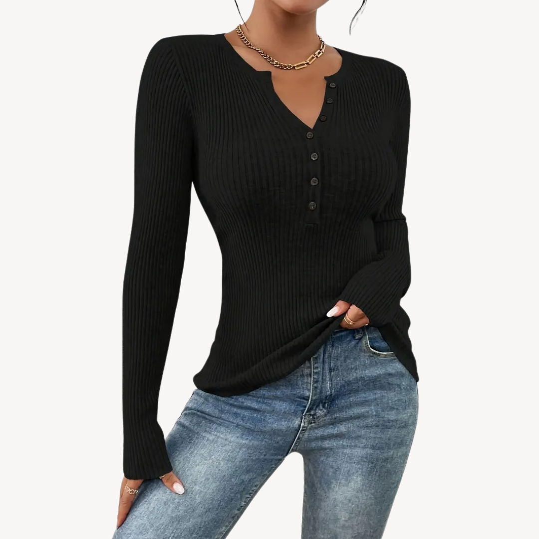 Womens Ribbed Henley Top with Buttons