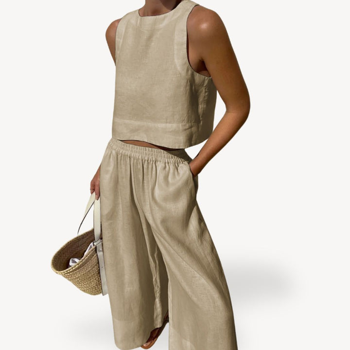 Womens Linen Sleeveless Tank Top and Wide Leg Pants Set