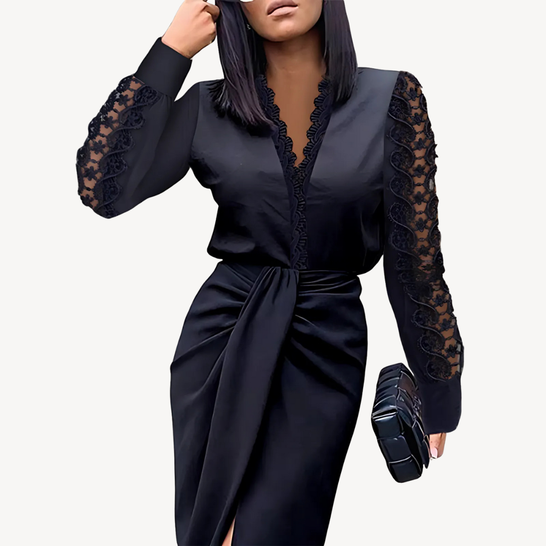 Womens Wrap Dress Lace Sleeve - BritishMode