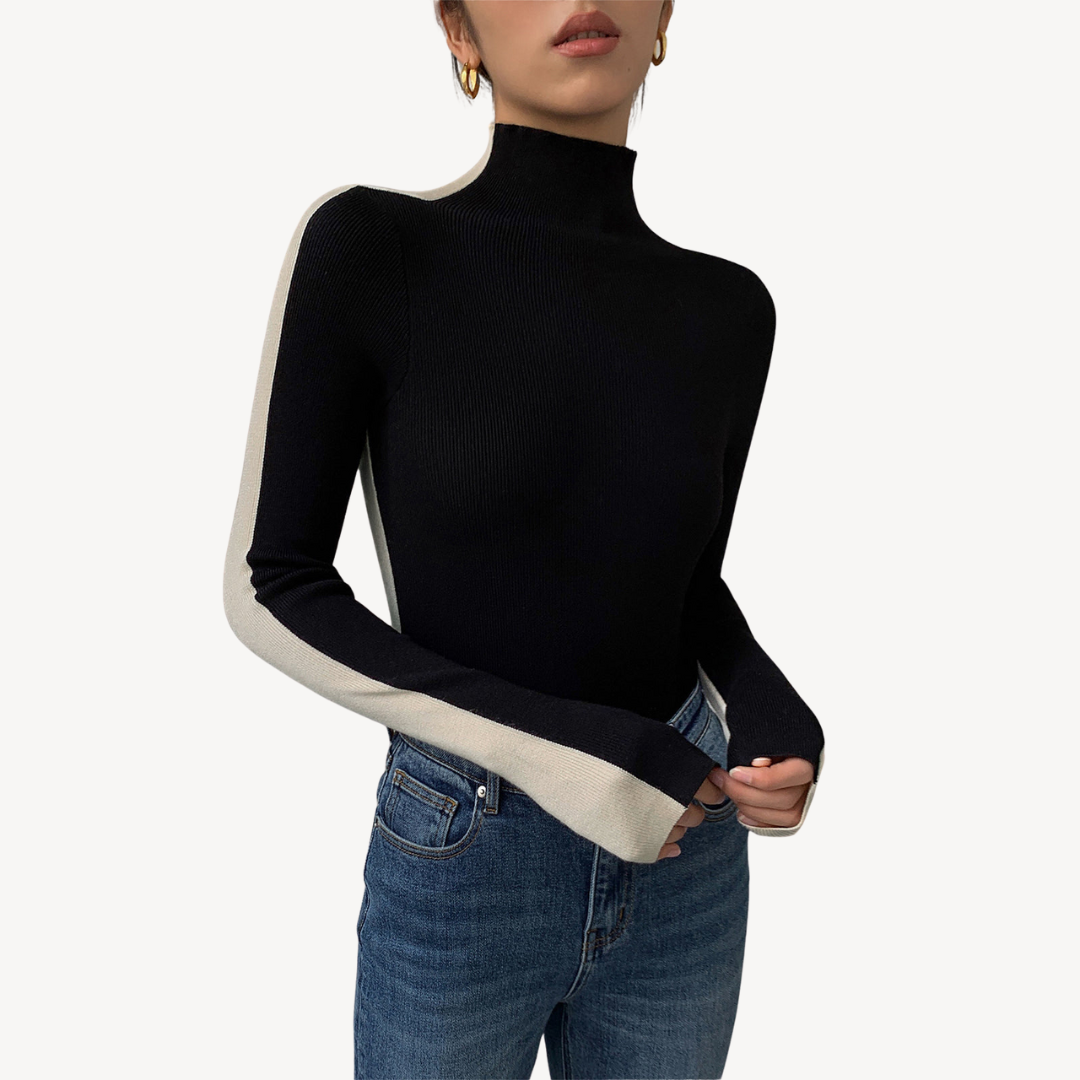 Womens Knit Turtleneck Top Two-Tone Design