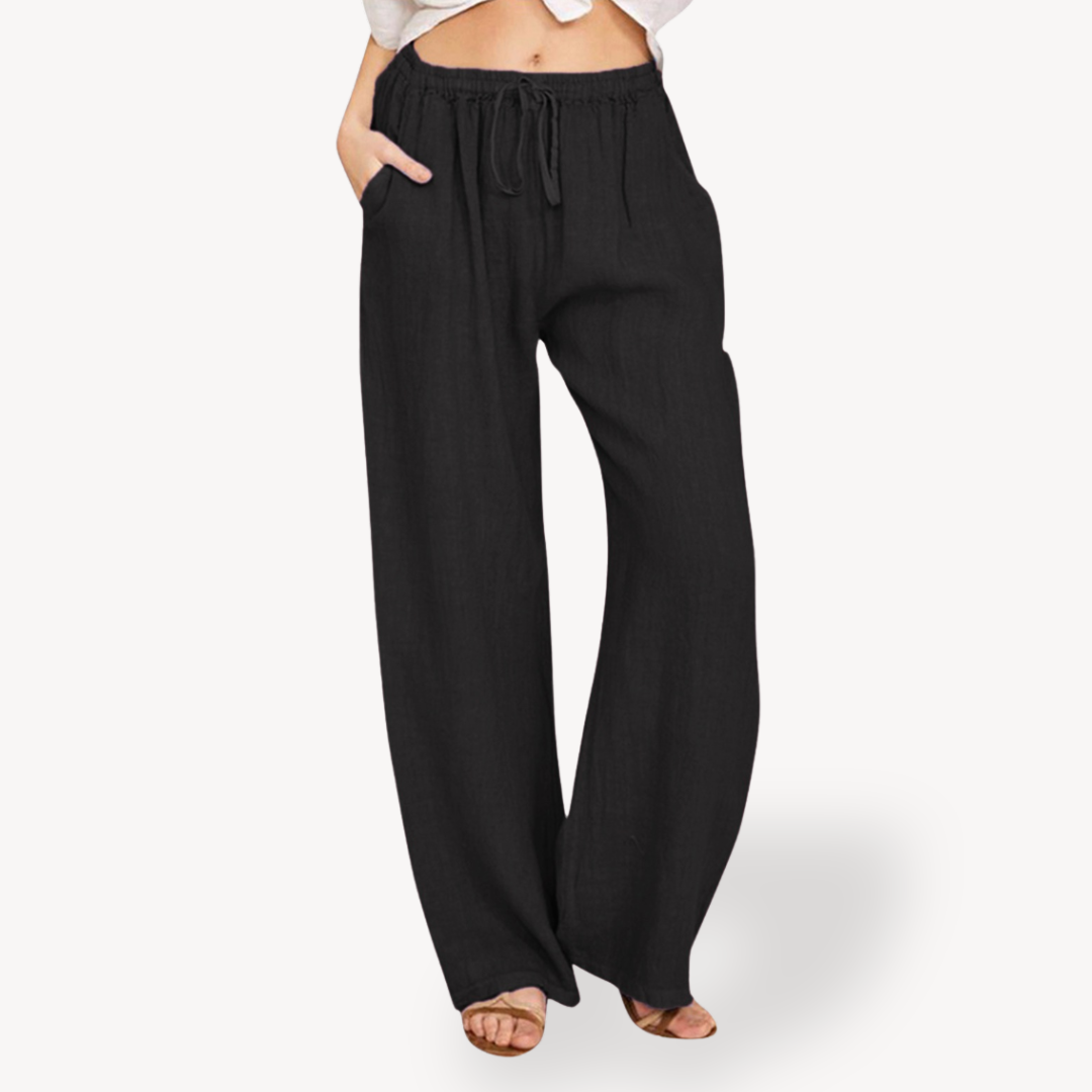 Womens Linen Wide-Leg Pants Drawstring Relaxed Fit