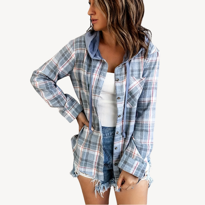 Womens Shirt Jacket Plaid Button-Down with Hood - BritishMode