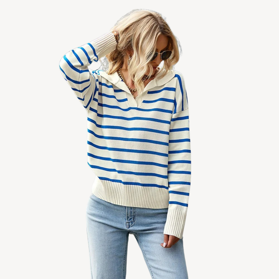 Womens Polo Knit Sweater Striped Pattern Regular Fit