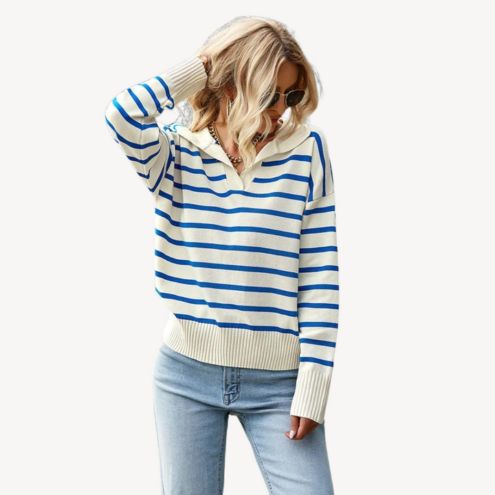 Womens Polo Knit Sweater Striped Pattern Regular Fit