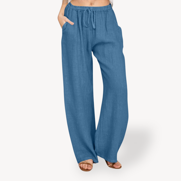 Womens Linen Wide-Leg Pants Drawstring Relaxed Fit