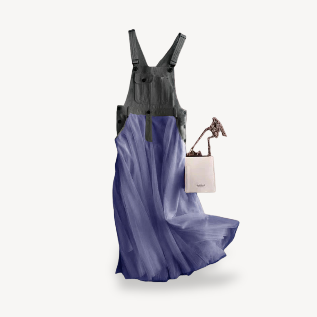 Womens Denim Overall Dress Maxi Length