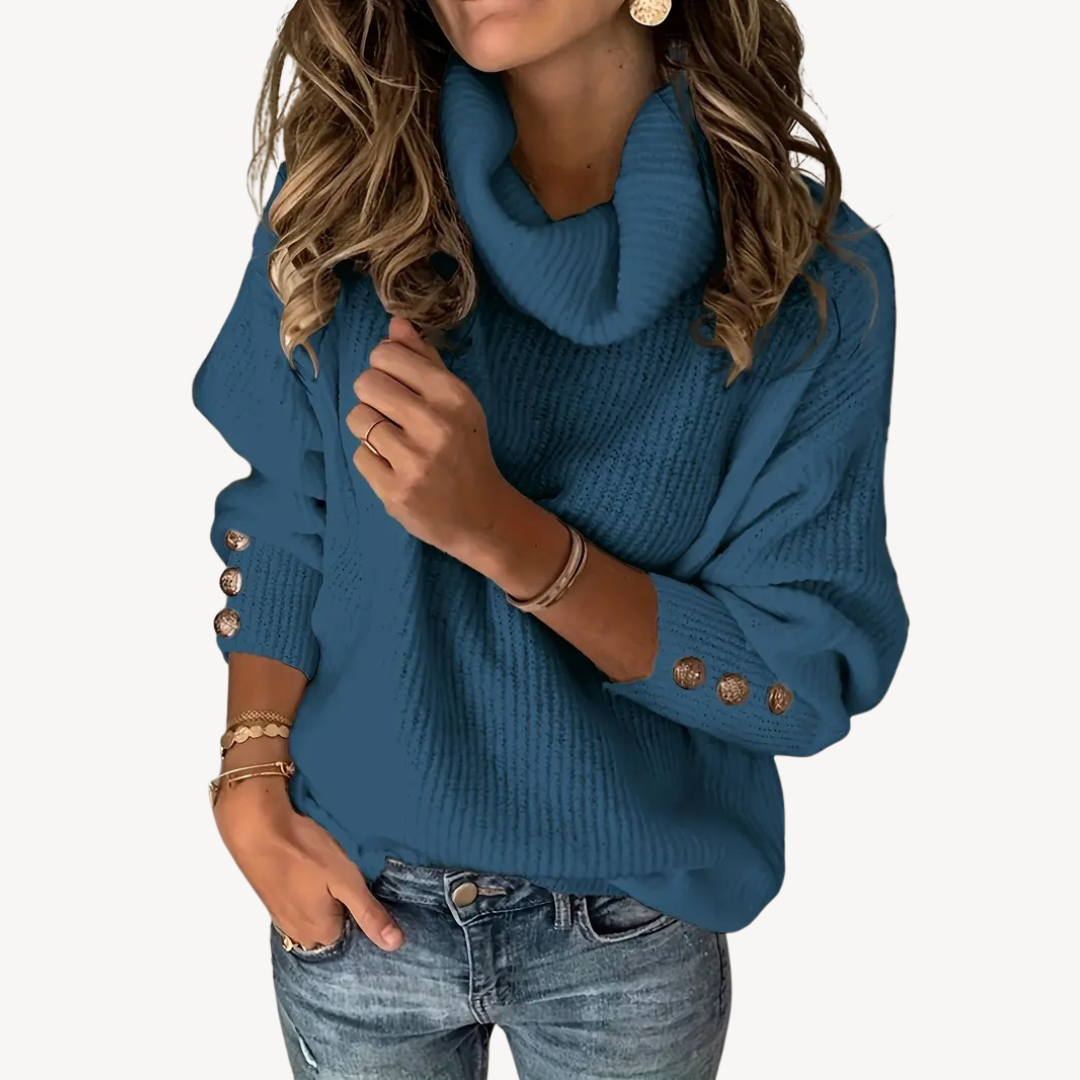 Womens Sweater with Cowl Neck and Button Detail