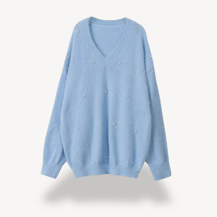 Womens V-Neck Sweater with Pearl Detail