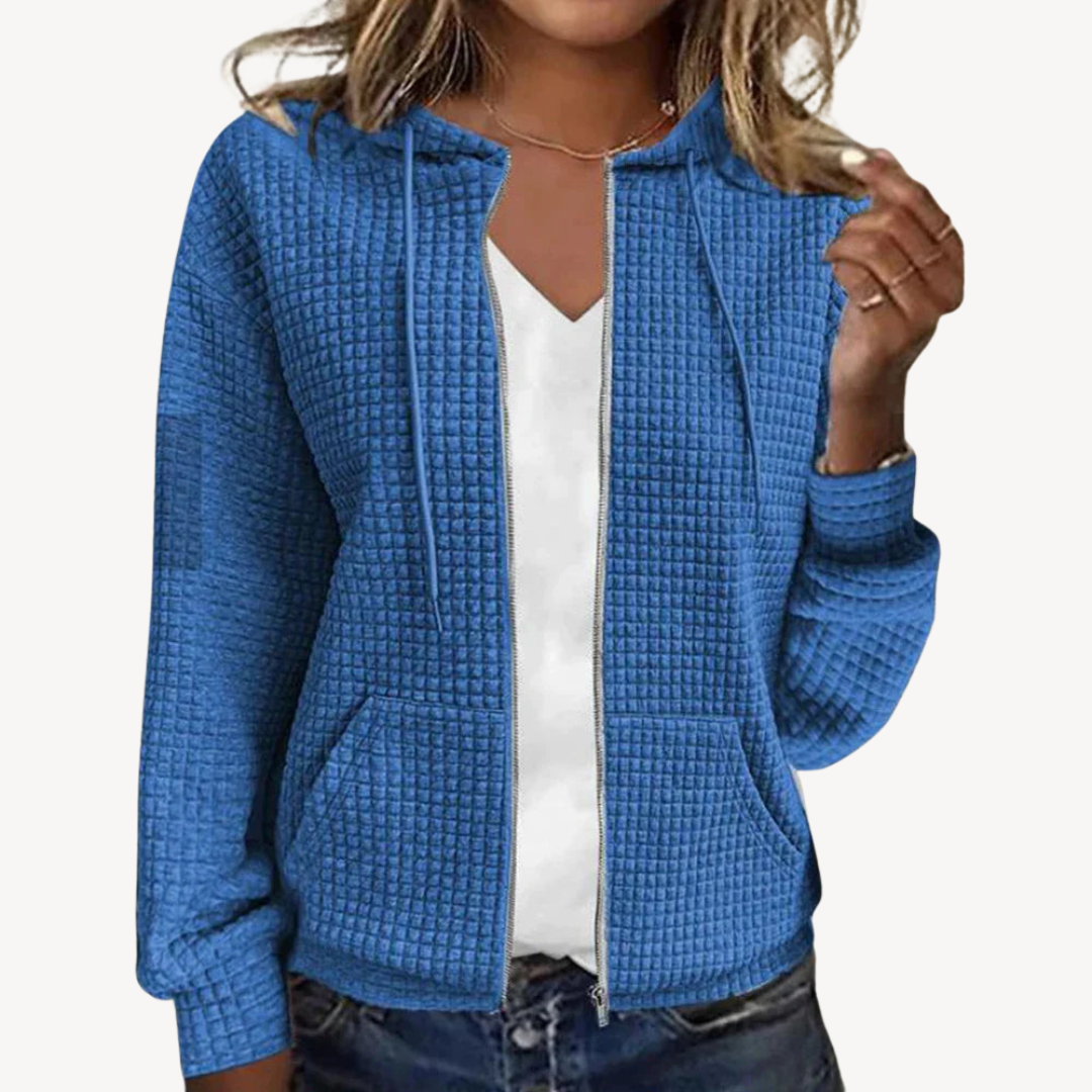 Womens Hoodie Waffle Knit Zipper Front