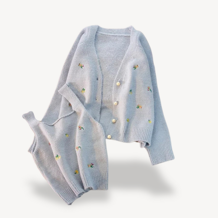 Womens Cardigan and Tank Top Set Embroidered Floral Design - BritishMode