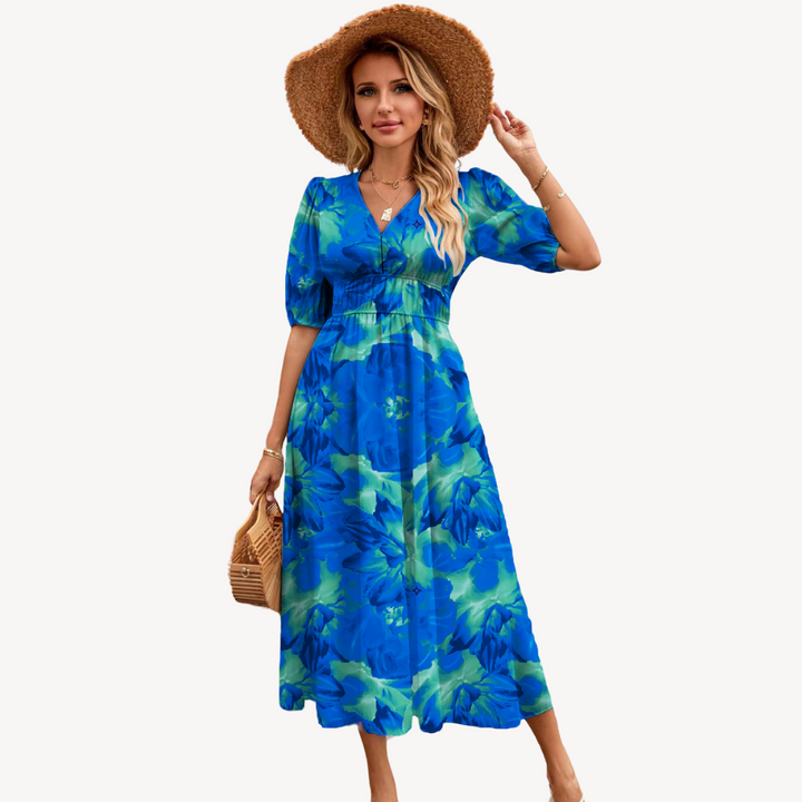 Womens Midi Dress with V-Neck and Floral Print - BritishMode