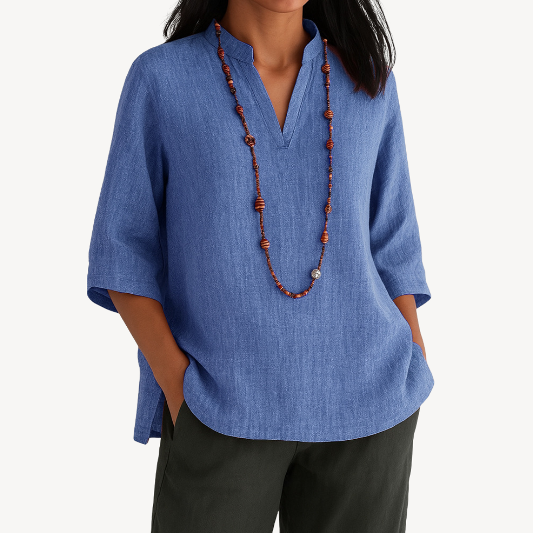 Womens Linen Tunic Top with Stand Collar V-Neck Relaxed Fit - BritishMode