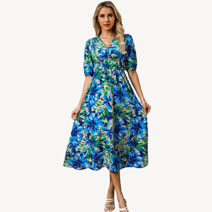 Womens Midi Dress with V-Neck and Floral Print