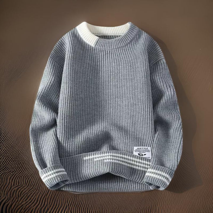 Mens Crew Neck Sweater Horizontal Stripe Casual