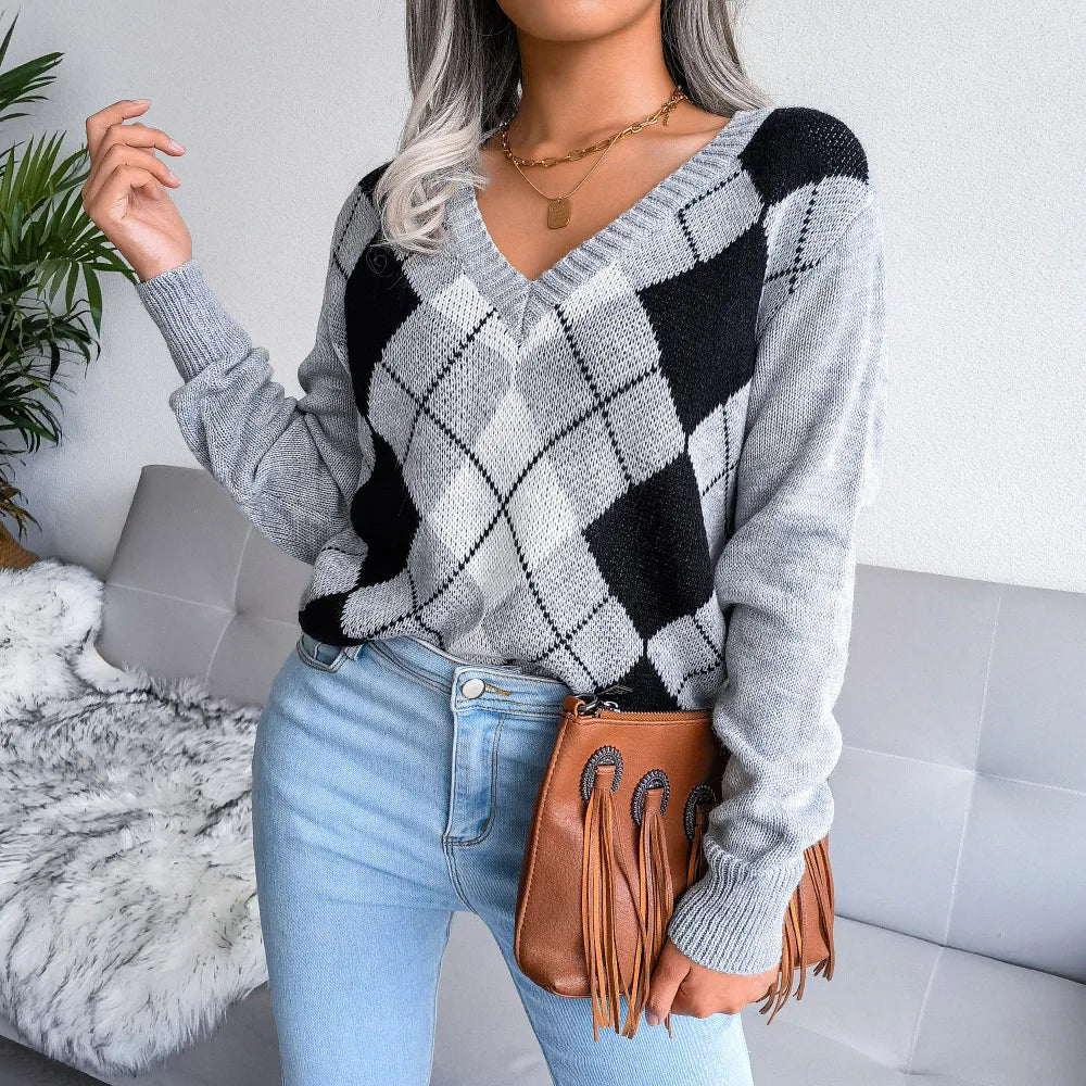 Womens V-Neck Sweater Wool Argyle Pattern