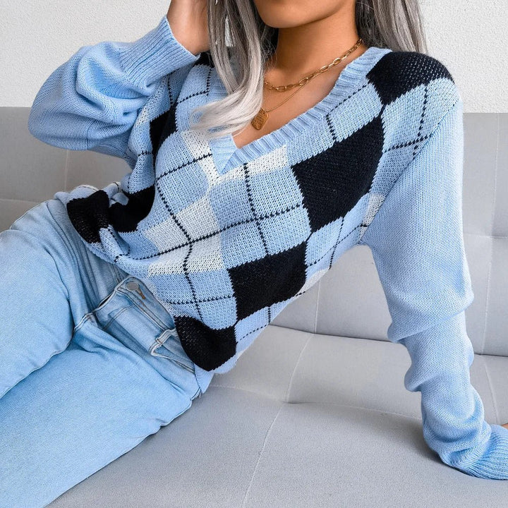 Womens V-Neck Sweater Wool Argyle Pattern