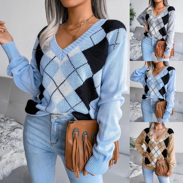 Womens V-Neck Sweater Wool Argyle Pattern