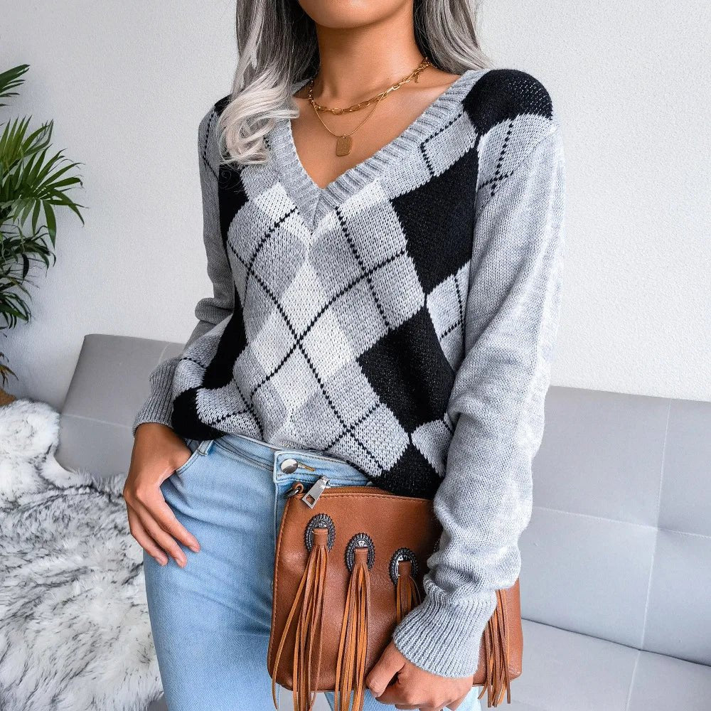 Womens V-Neck Sweater Wool Argyle Pattern