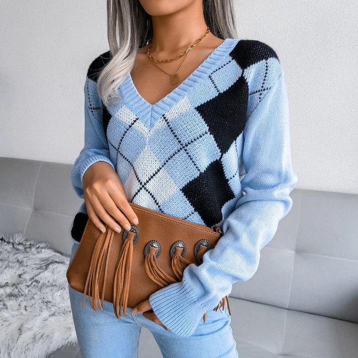 Womens V-Neck Sweater Wool Argyle Pattern
