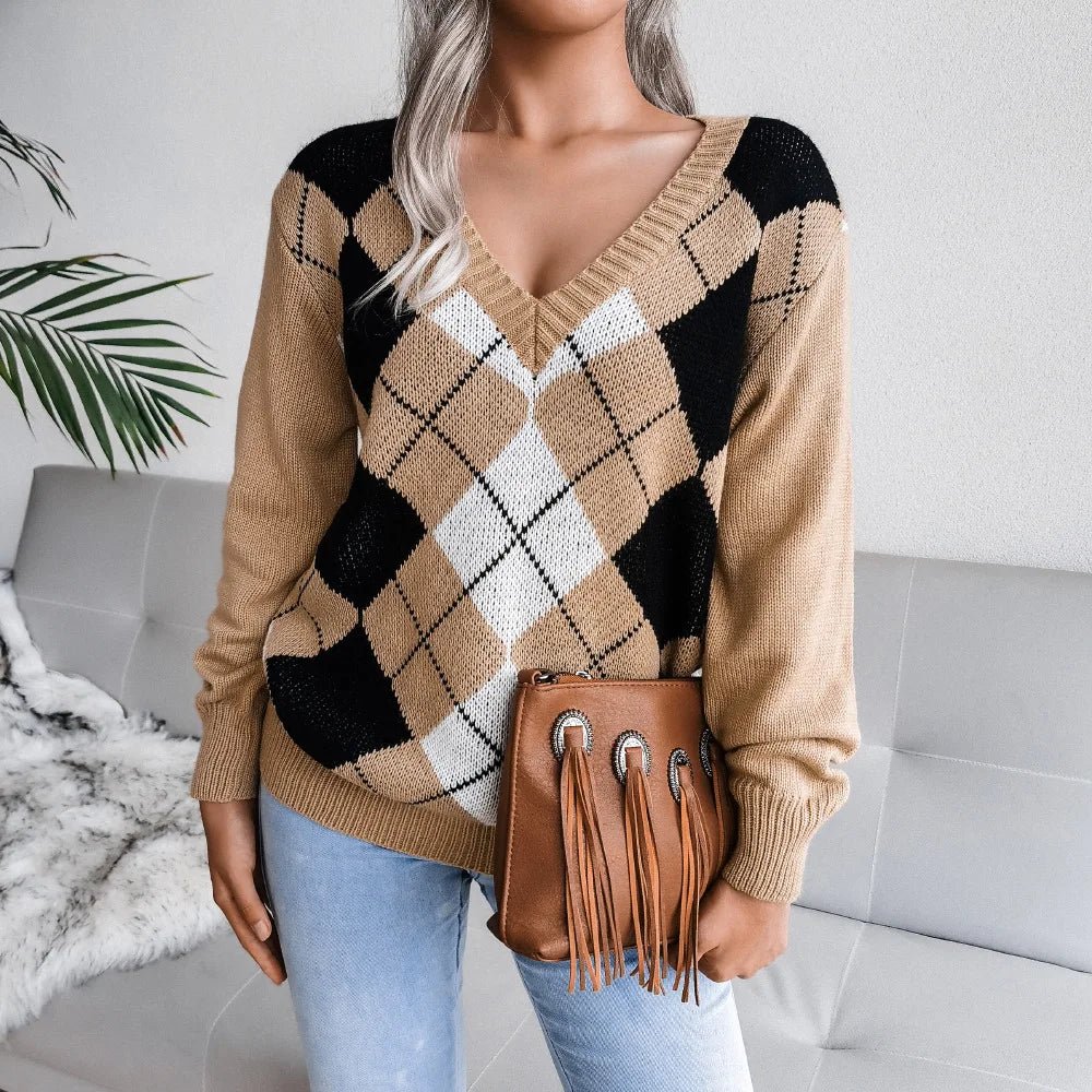 Womens V-Neck Sweater Wool Argyle Pattern
