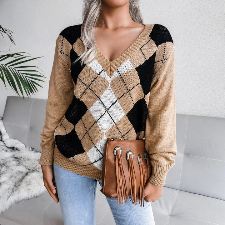 Womens V-Neck Sweater Wool Argyle Pattern