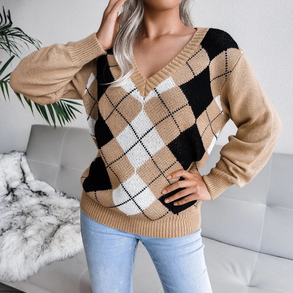 Womens V-Neck Sweater Wool Argyle Pattern