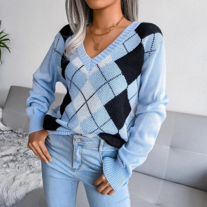 Womens V-Neck Sweater Wool Argyle Pattern