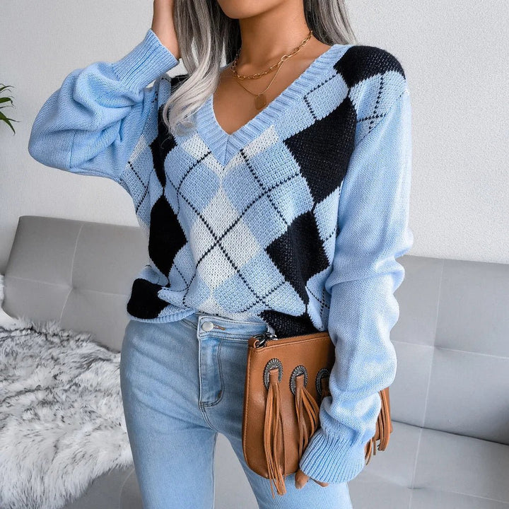 Womens V-Neck Sweater Wool Argyle Pattern