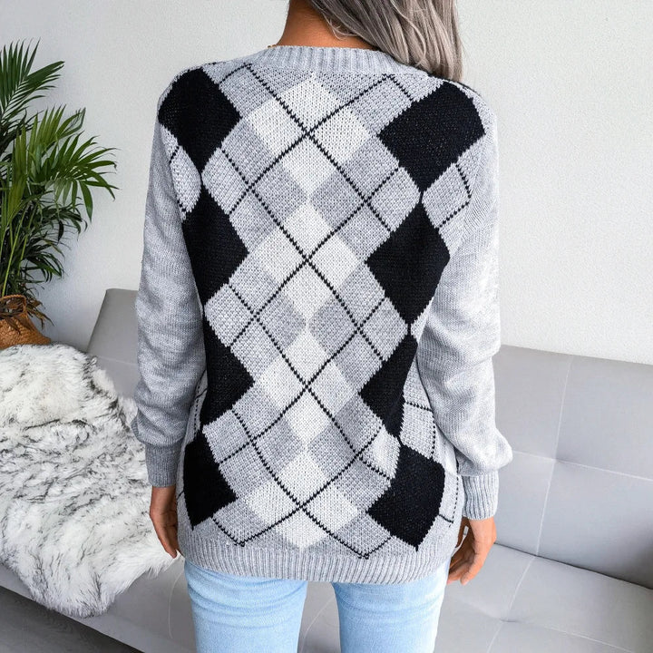 Womens V-Neck Sweater Wool Argyle Pattern