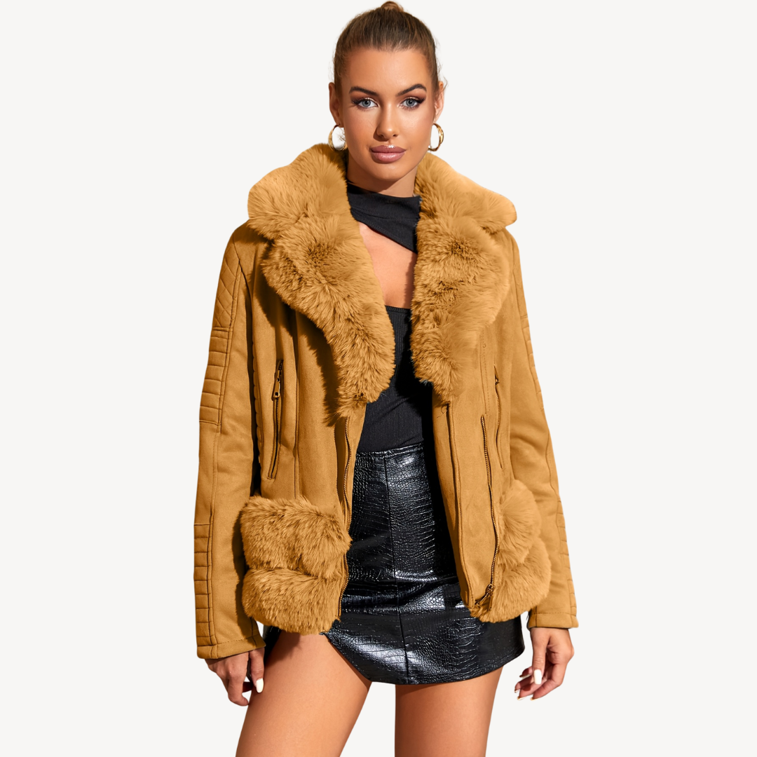 Womens Biker Jacket Faux Fur Shearling Style - BritishMode