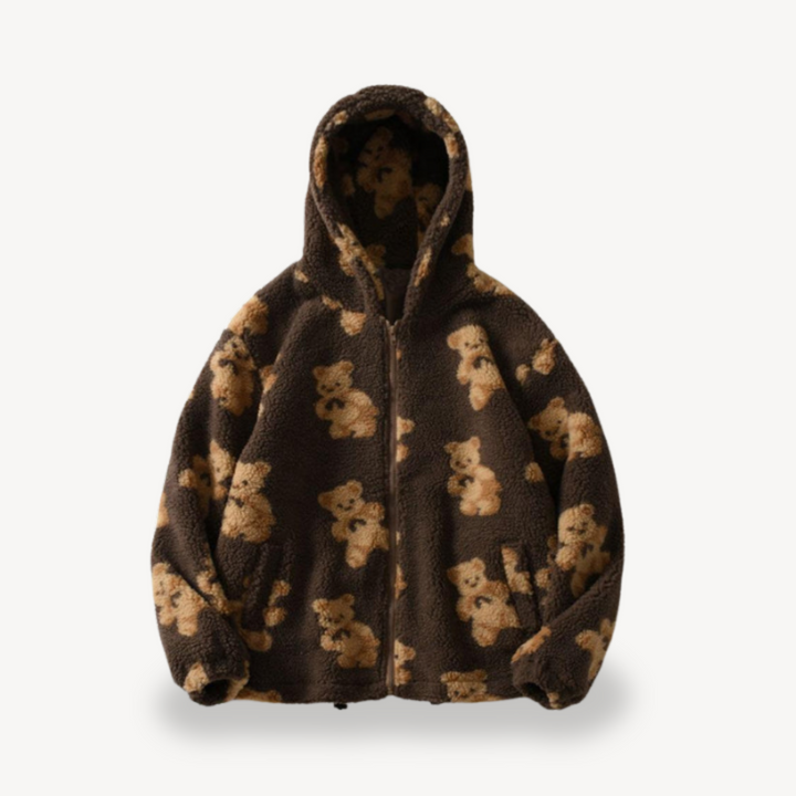 Womens Hooded Jacket with Teddy Bear Pattern Relaxed Fit