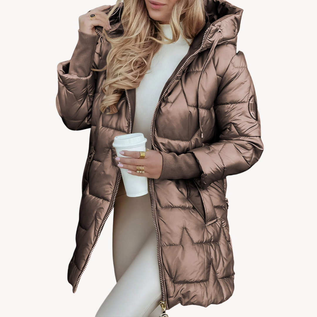 Womens Mid-Length Puffer Coat with Hooded Design