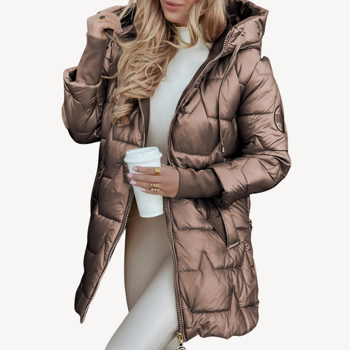 Womens Mid-Length Puffer Coat with Hooded Design