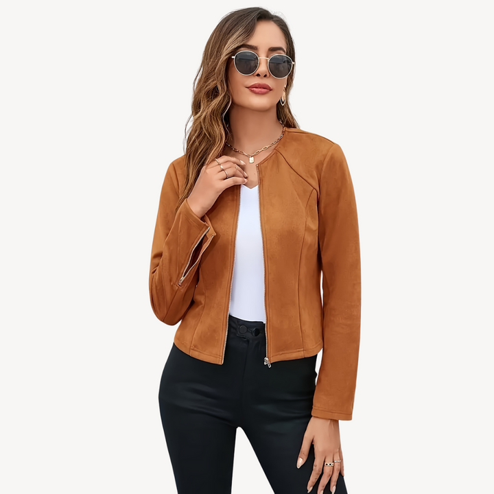 Womens Suede Jacket with Zipper Closure - BritishMode