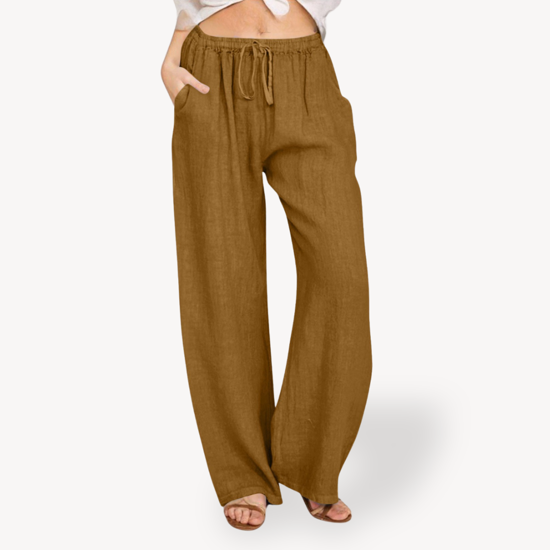 Womens Linen Wide-Leg Pants Drawstring Relaxed Fit