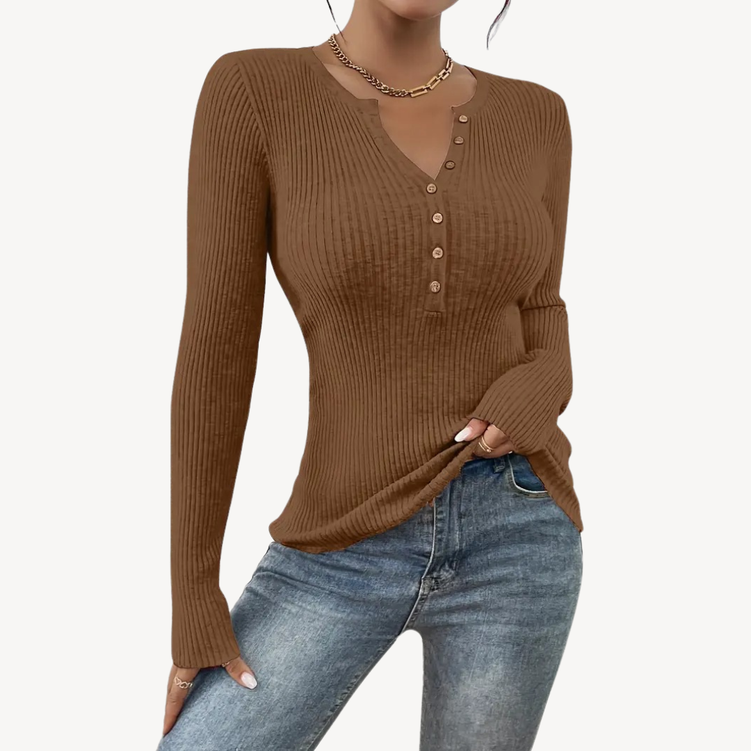 Womens Ribbed Henley Top with Buttons